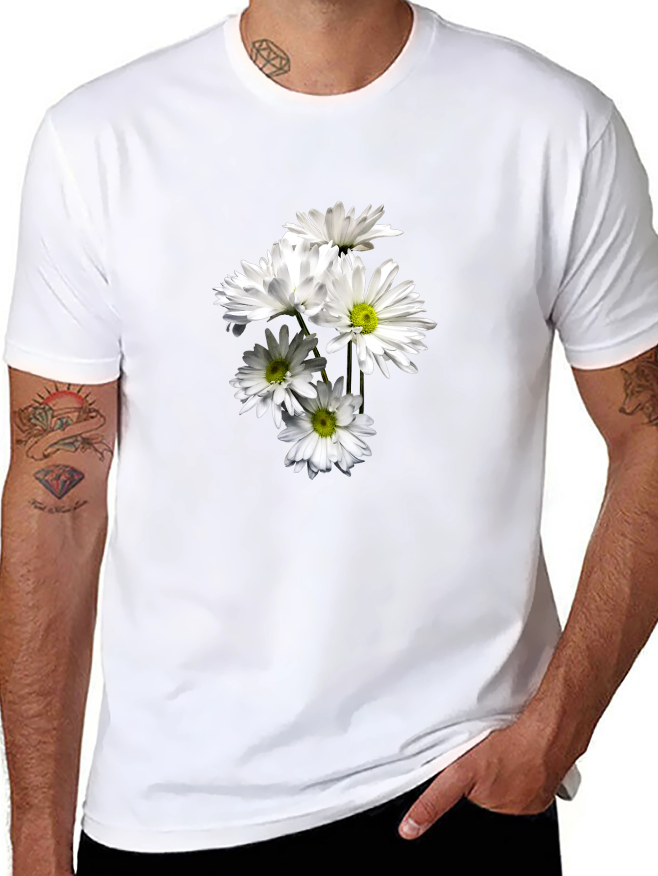 Black T-Shirt with Floral Daisy Design