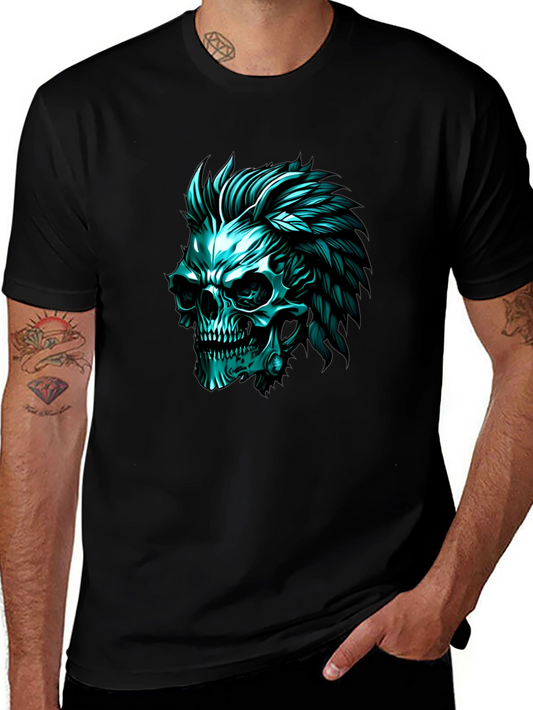 Skull Graphic T-Shirt - Teal Feather Mohawk Design