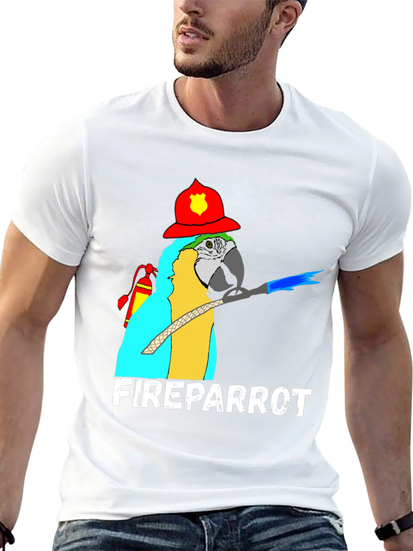 Fire Parrot T-Shirt: Novelty Firefighter Bird Tee