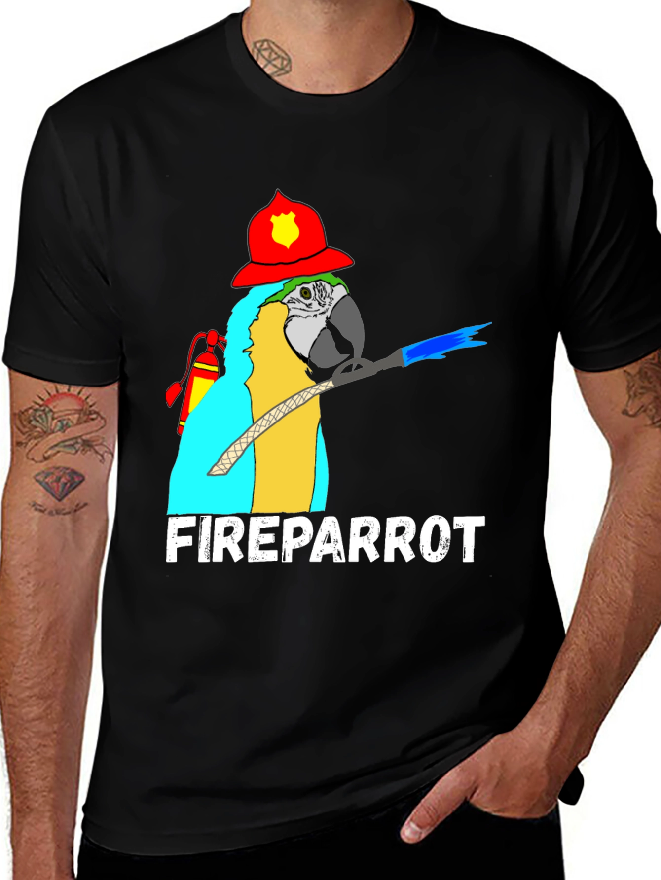 Fire Parrot T-Shirt: Novelty Firefighter Bird Tee