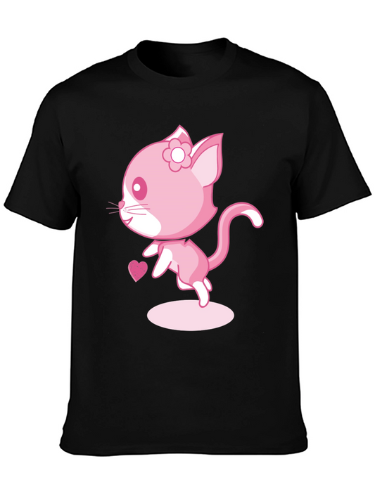 Cute Pink Kitty Cat Graphic Tee - Black Cotton T-Shirt