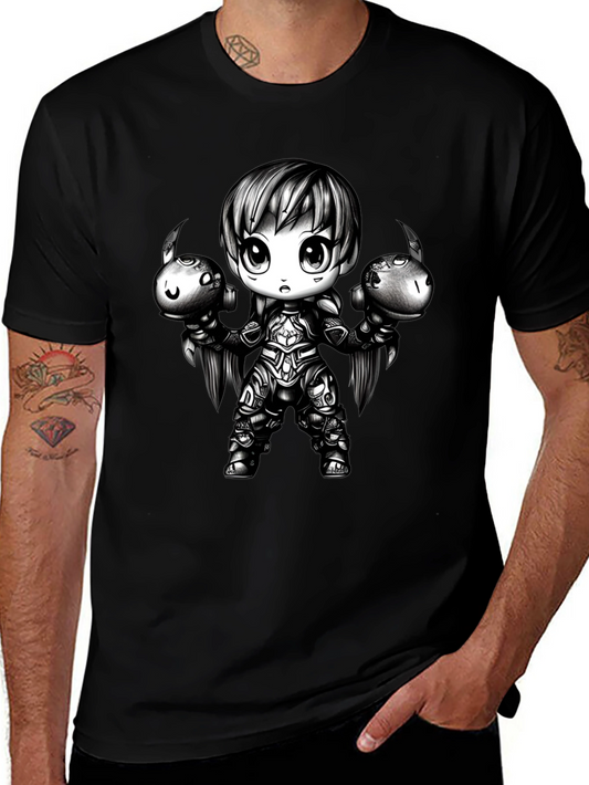 Anime Chibi Warrior Graphic T-Shirt - Black Cotton Tee