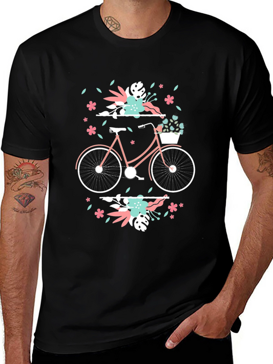 Floral Bicycle Graphic Tee - Black Cotton T-Shirt