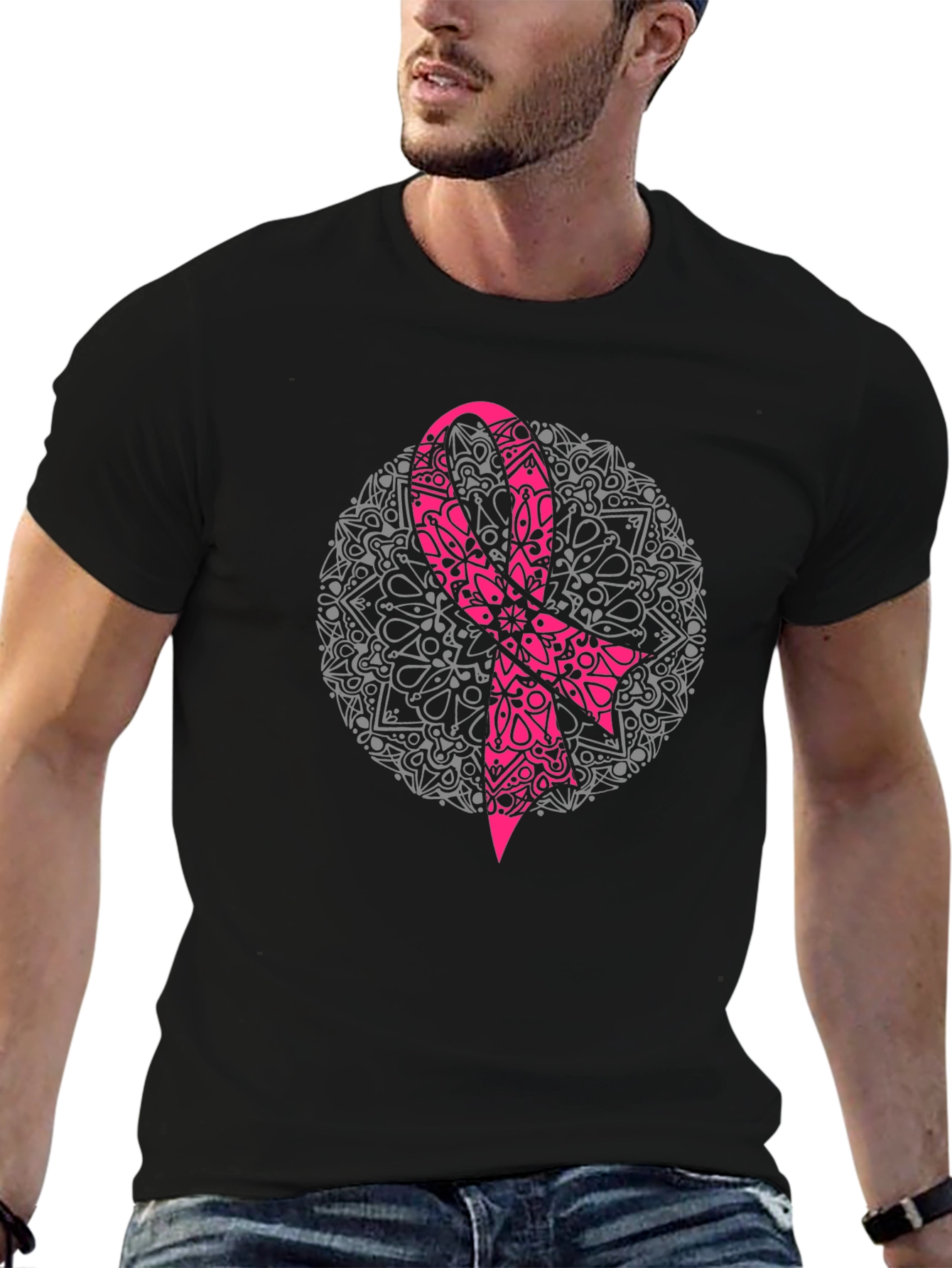 Pink Ribbon Mandala Graphic T-Shirt