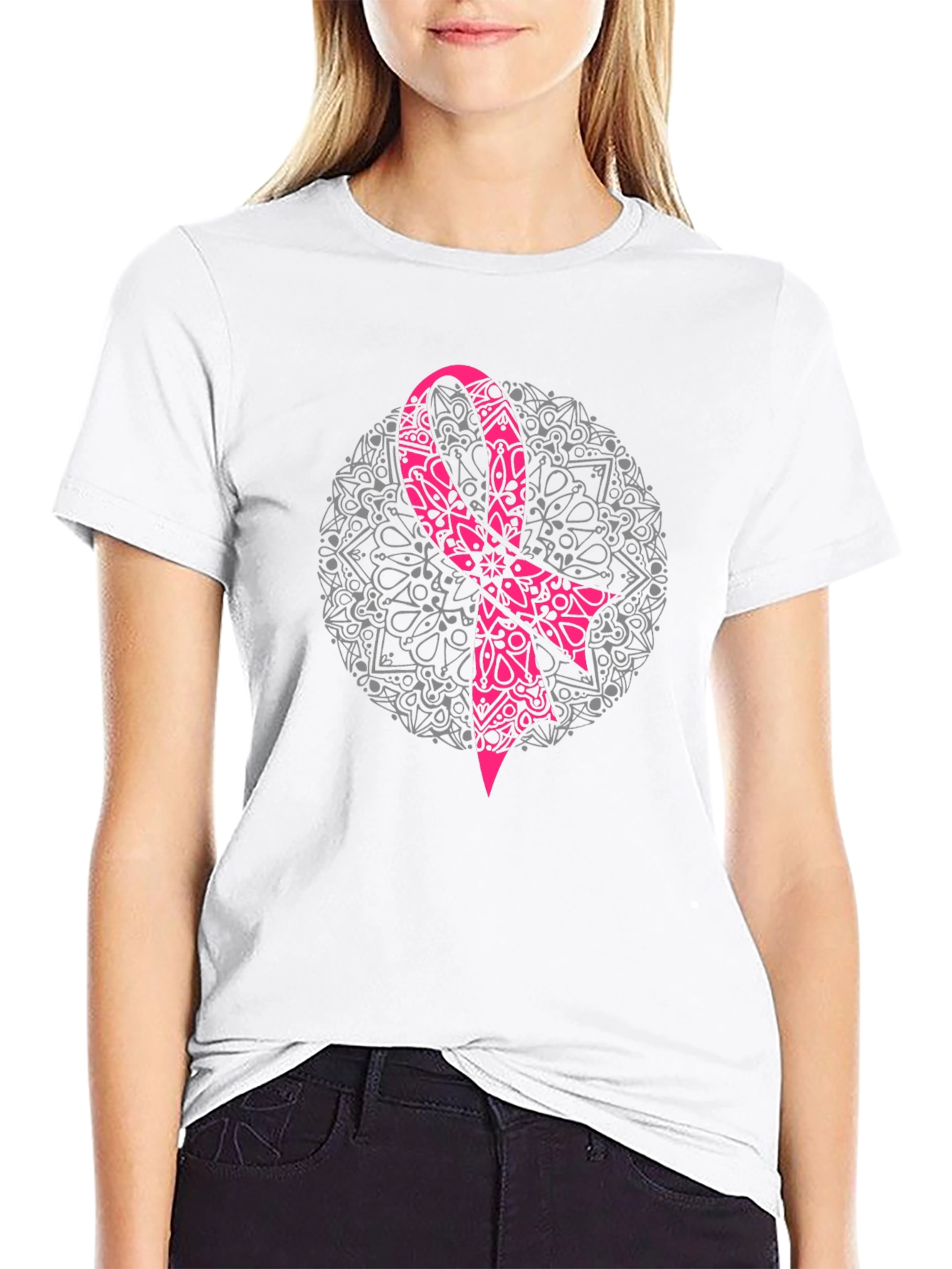 Pink Ribbon Mandala Graphic T-Shirt