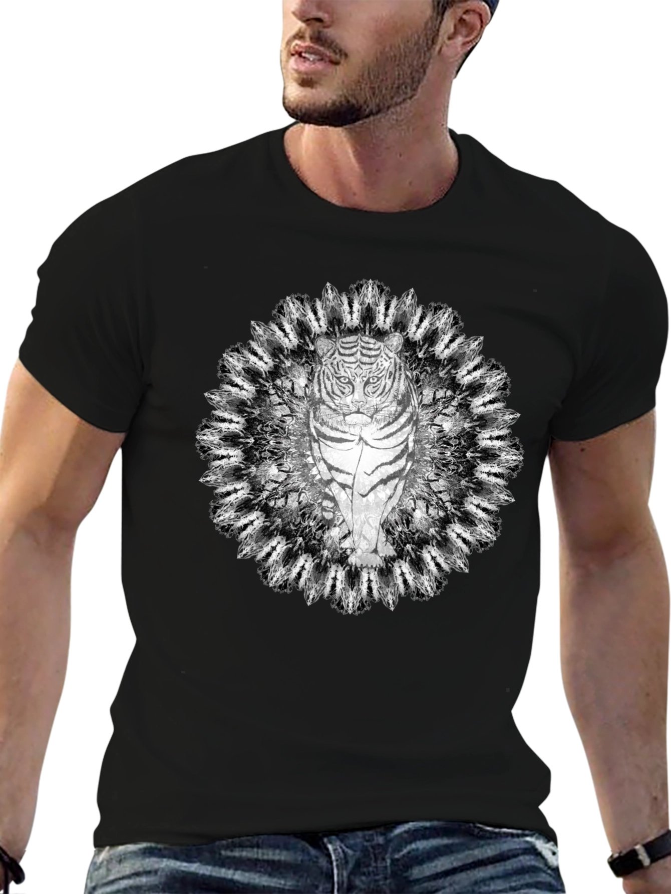 Tiger Mandala Graphic Tee - Black Cotton T-Shirt