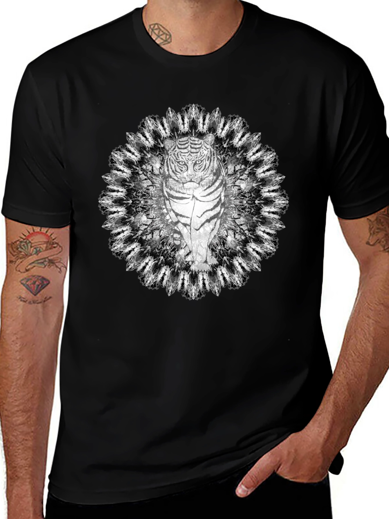 Tiger Mandala Graphic Tee - Black Cotton T-Shirt