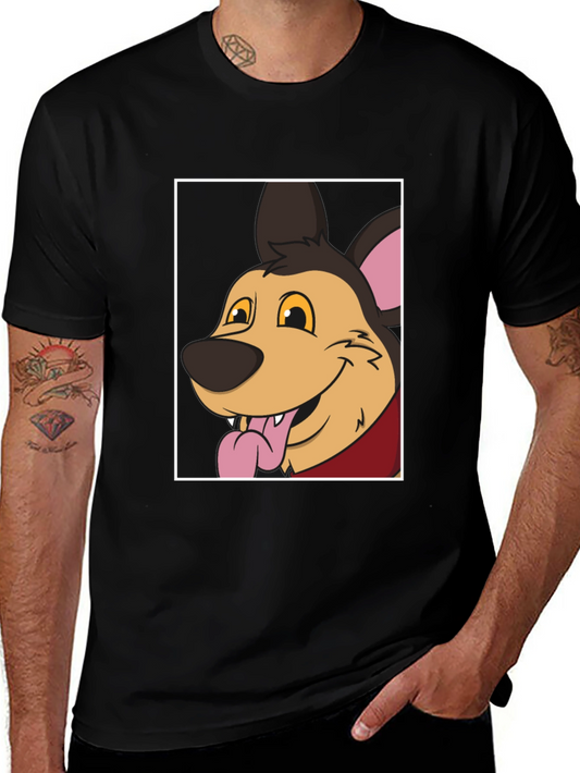 Cartoon Dog Graphic Tee - Black Cotton Blend