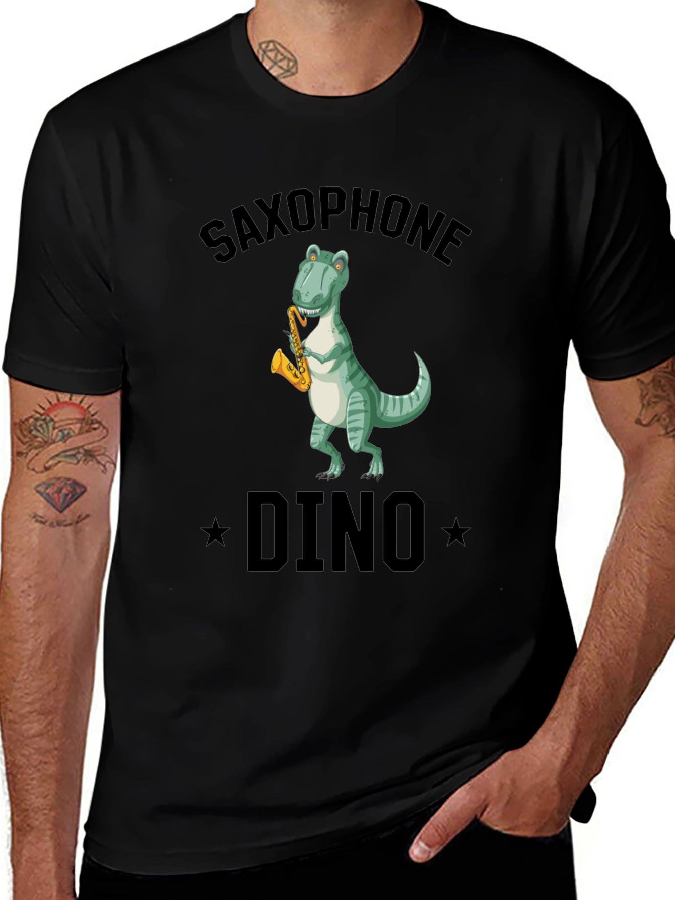 Saxophone Dino T-Shirt - Black Cotton Tee