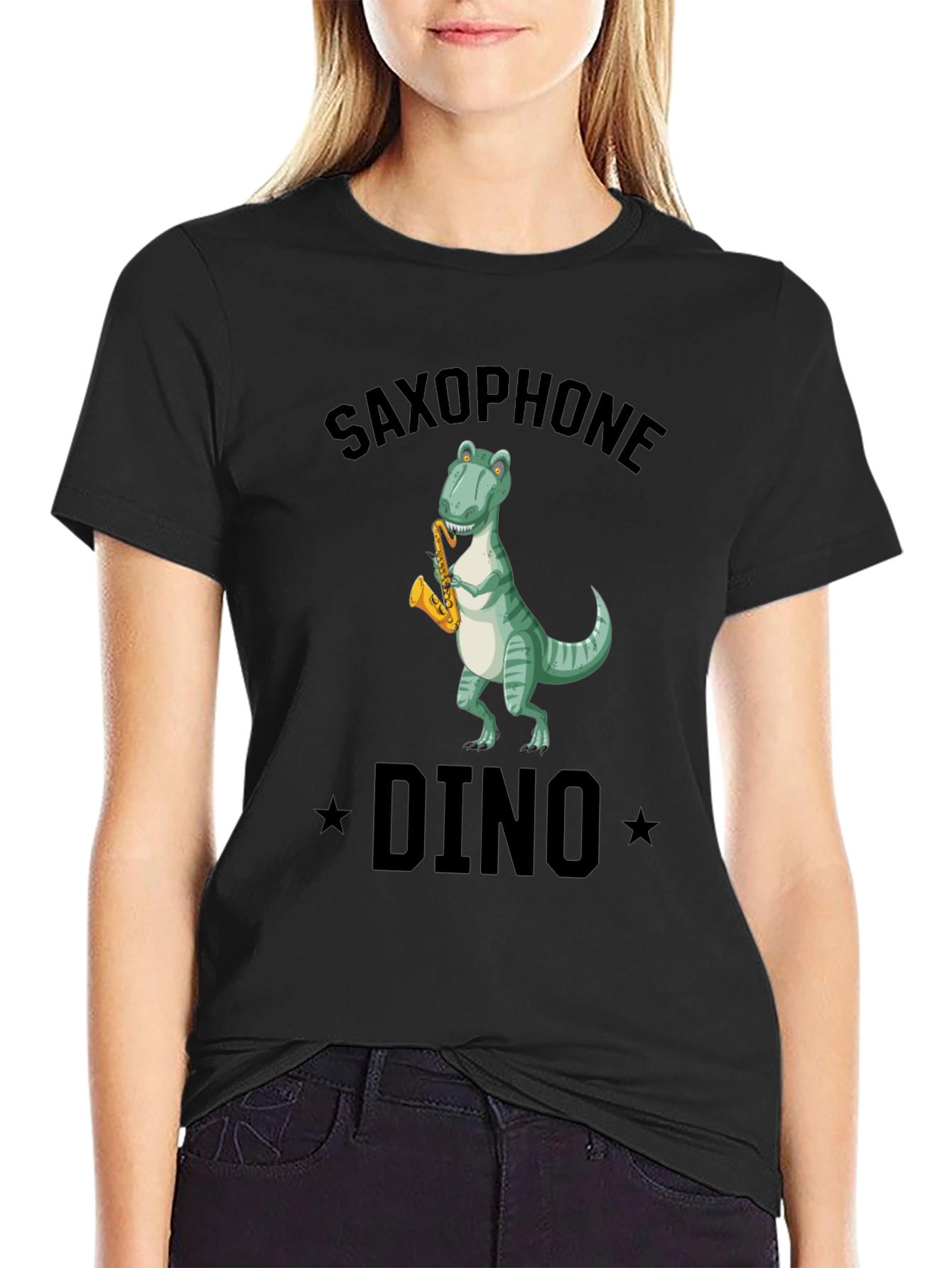 Saxophone Dino T-Shirt - Black Cotton Tee