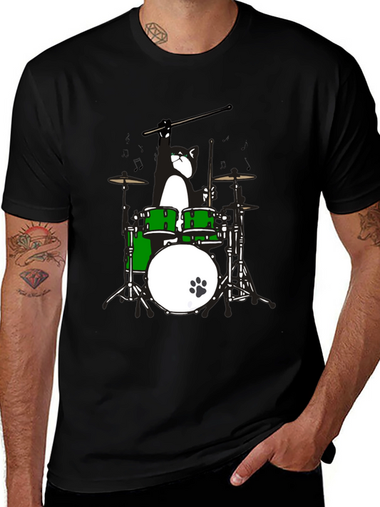 Drummer Cat Graphic T-Shirt - Black Cotton Tee