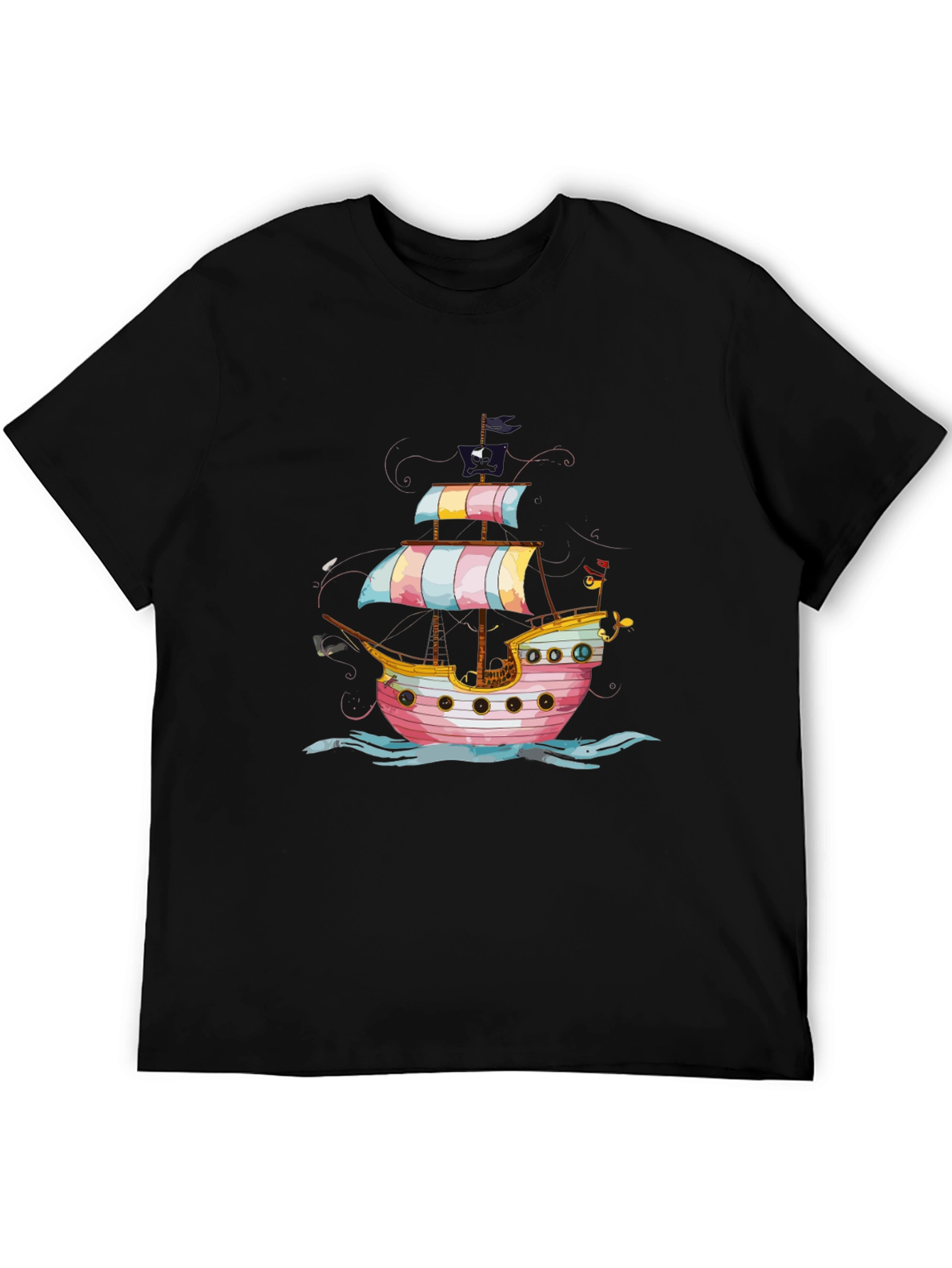 Pirate Ship Graphic Tee - Black Cotton T-Shirt