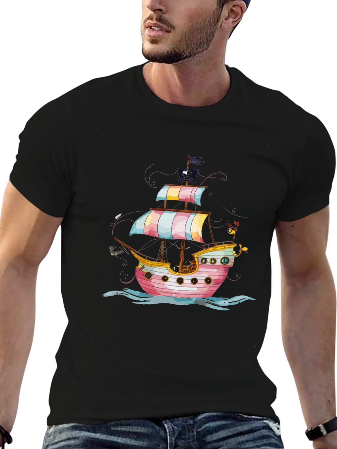 Pirate Ship Graphic Tee - Black Cotton T-Shirt
