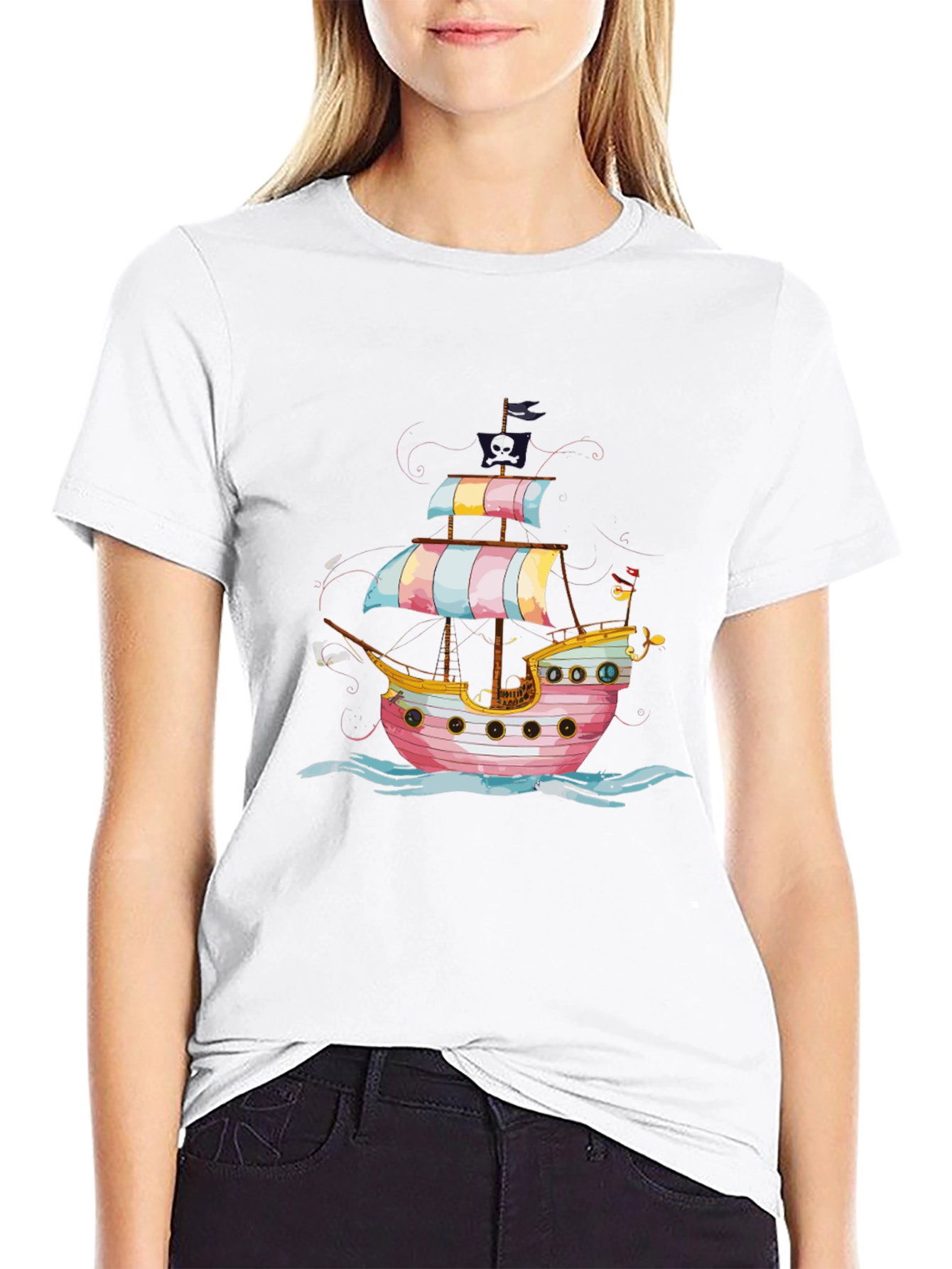 Pirate Ship Graphic Tee - Black Cotton T-Shirt