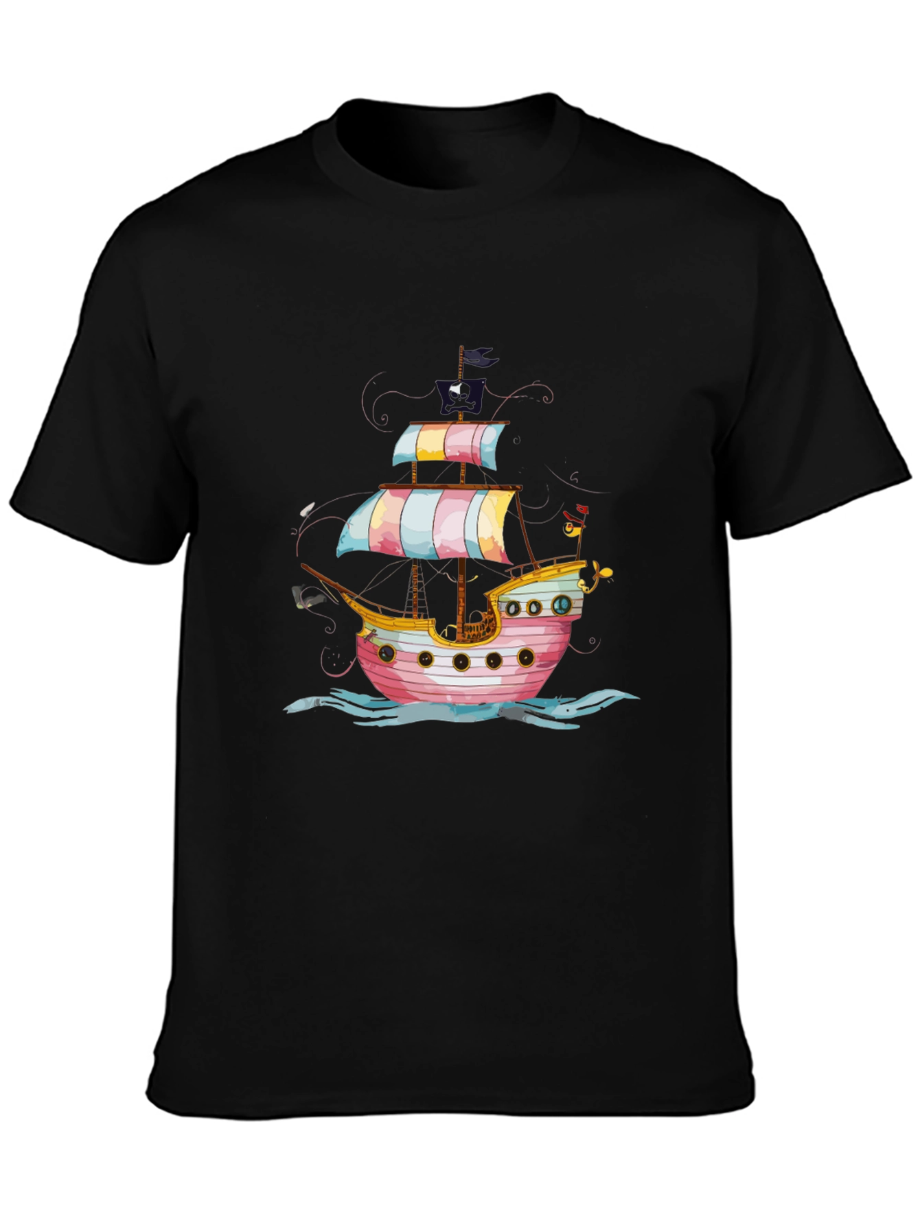 Pirate Ship Graphic Tee - Black Cotton T-Shirt