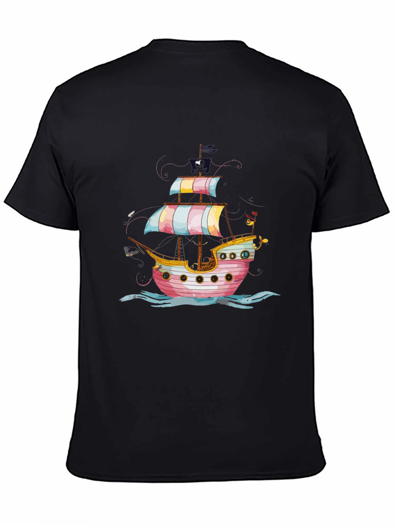 Pirate Ship Graphic Tee - Black Cotton T-Shirt