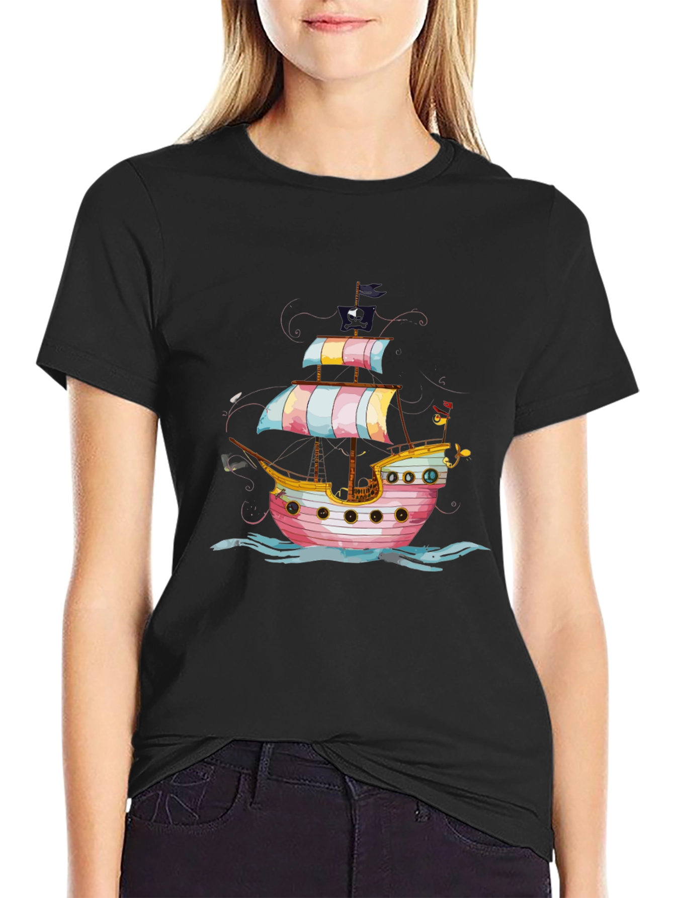 Pirate Ship Graphic Tee - Black Cotton T-Shirt