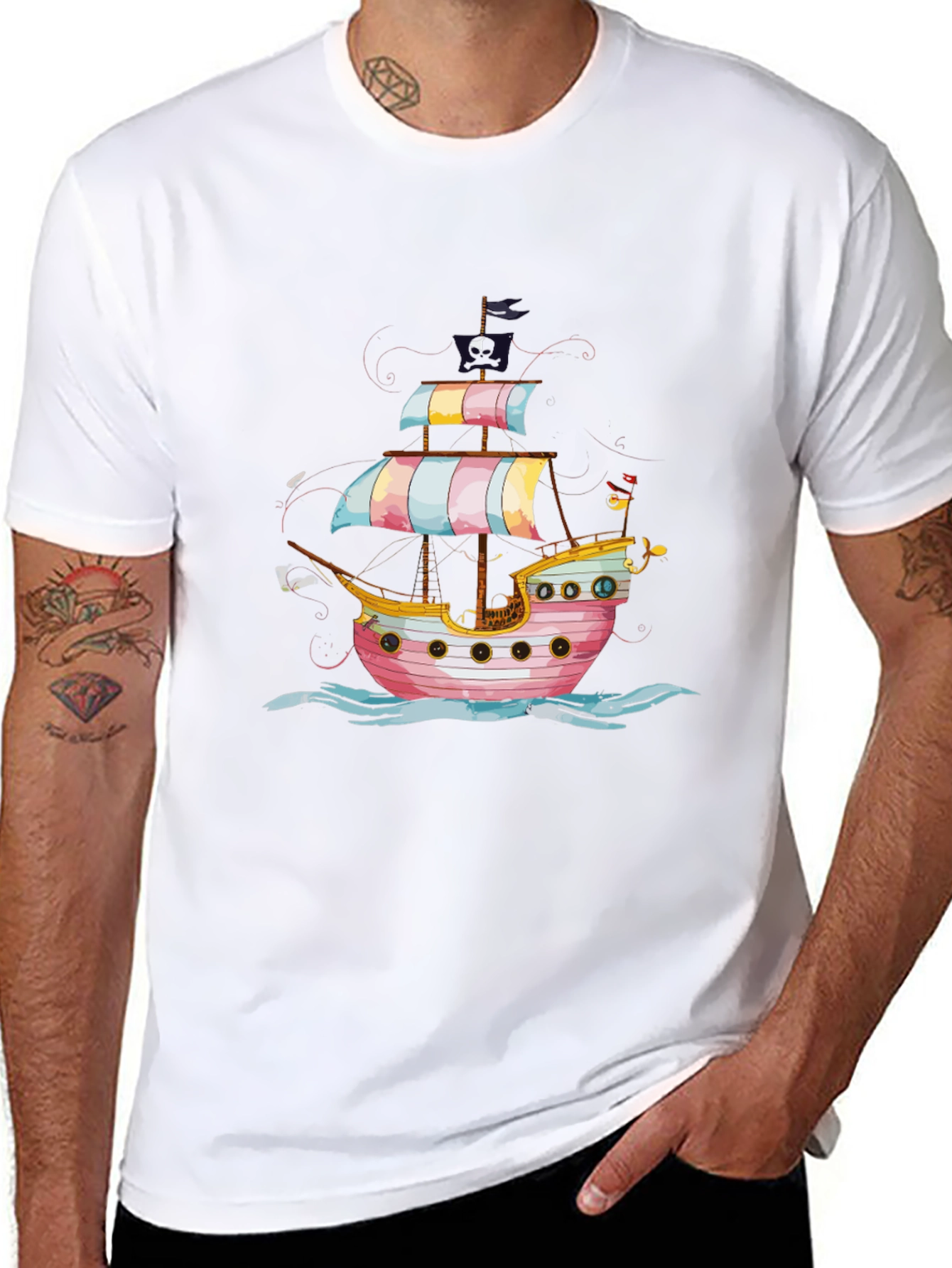 Pirate Ship Graphic Tee - Black Cotton T-Shirt