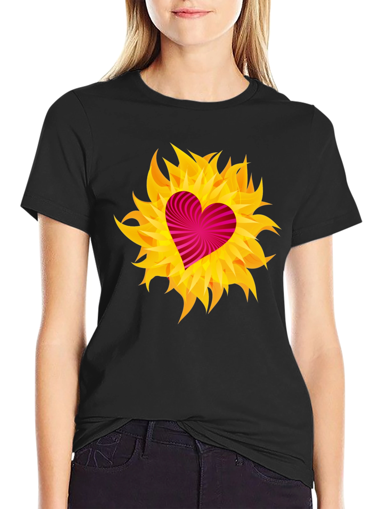 Heart Flame Graphic Tee - Black Cotton Shirt