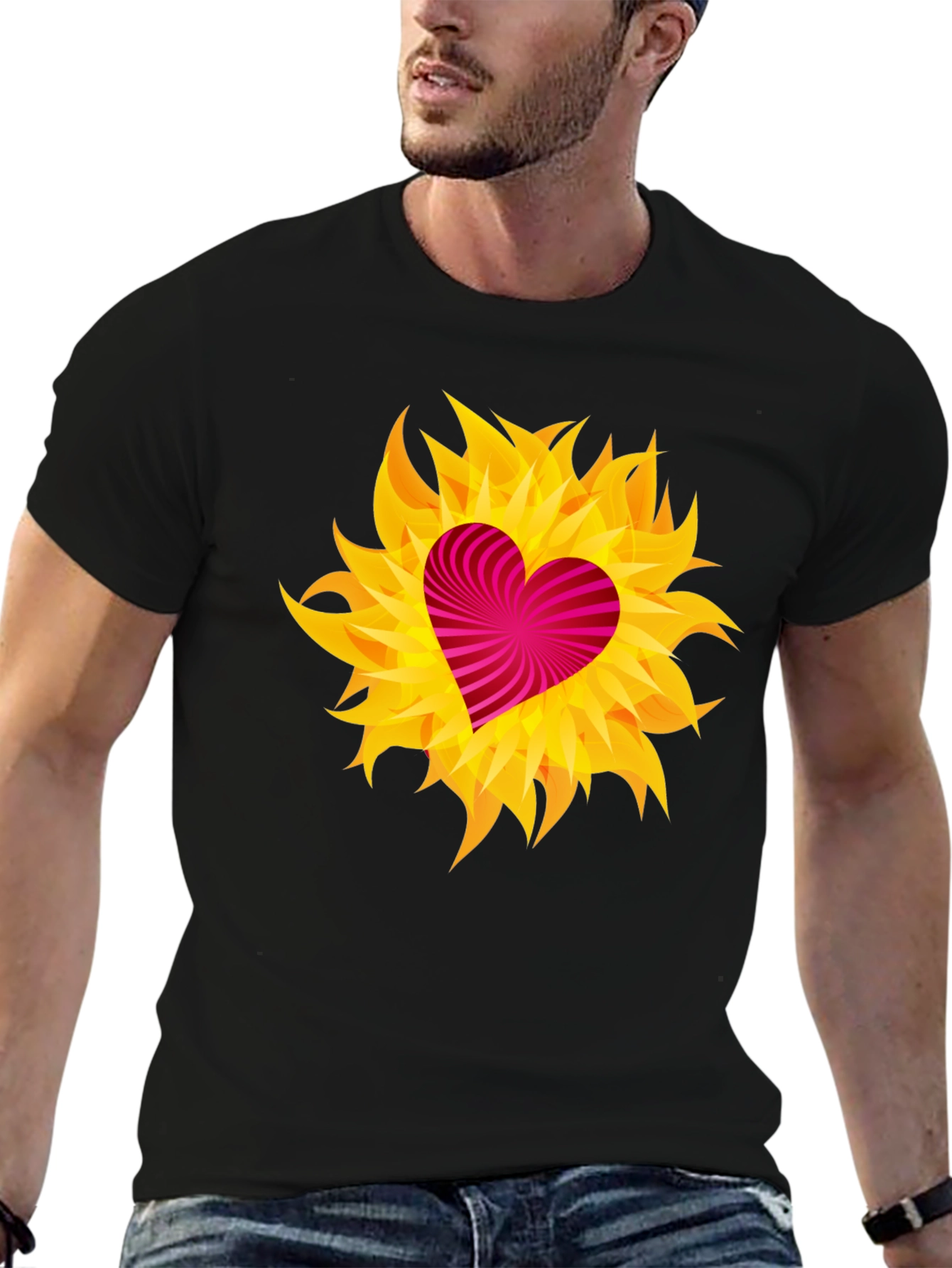 Heart Flame Graphic Tee - Black Cotton Shirt