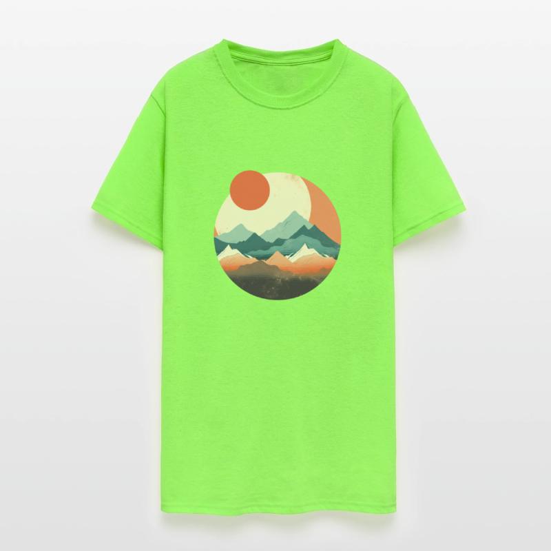 Red Japanese Sun and Moon Flat Style Mountains