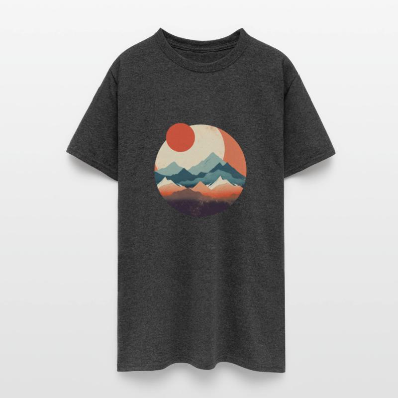 Red Japanese Sun and Moon Flat Style Mountains