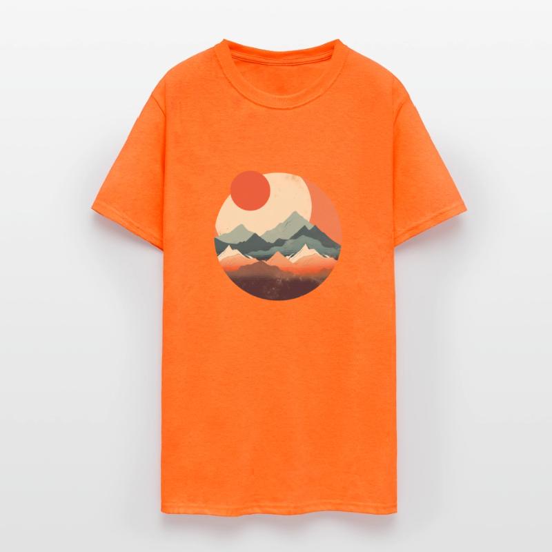 Red Japanese Sun and Moon Flat Style Mountains