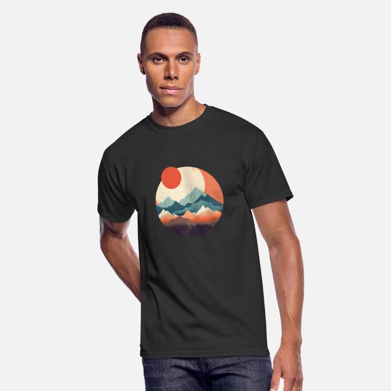 Red Japanese Sun and Moon Flat Style Mountains