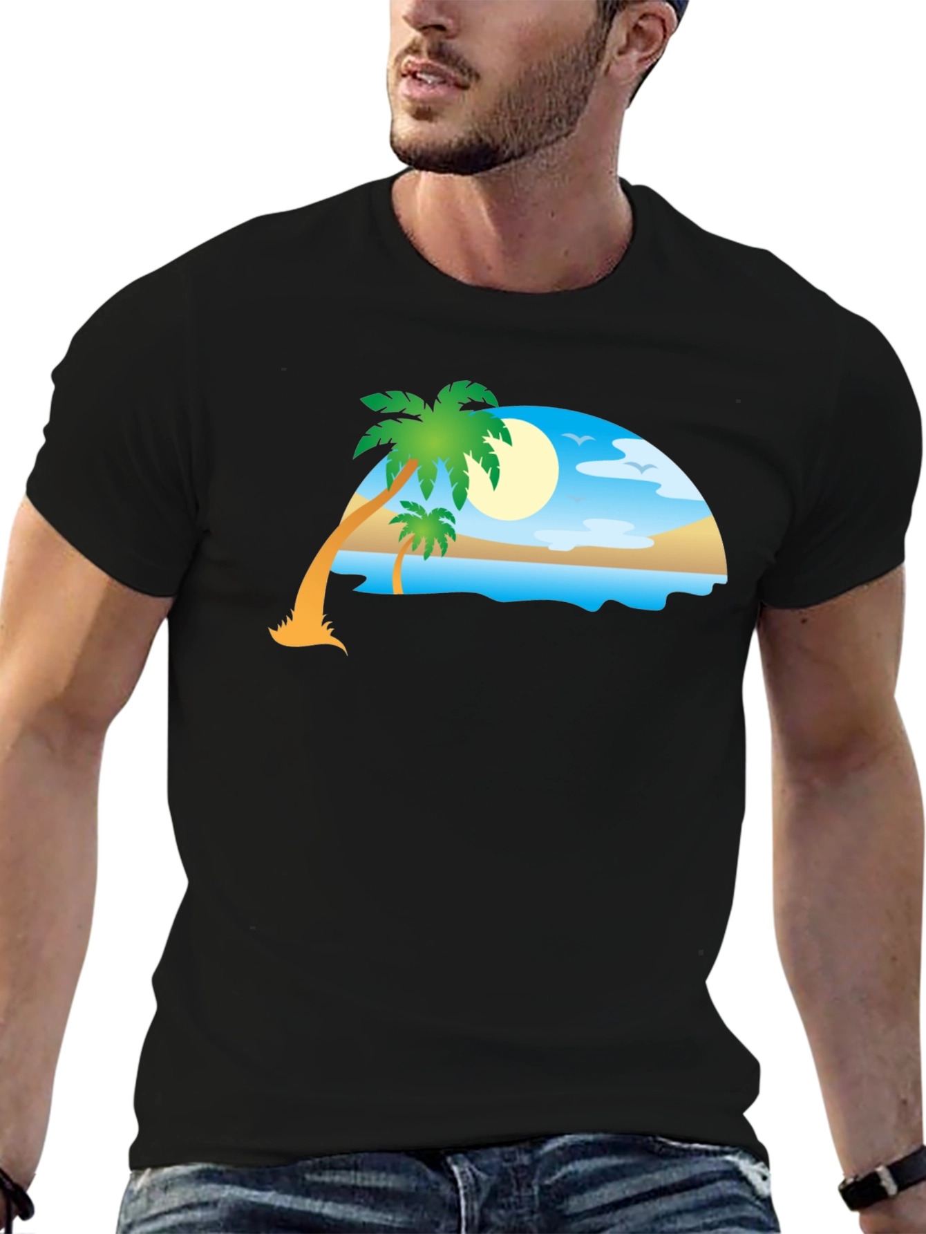 Tropical Beach Scene Black T-Shirt