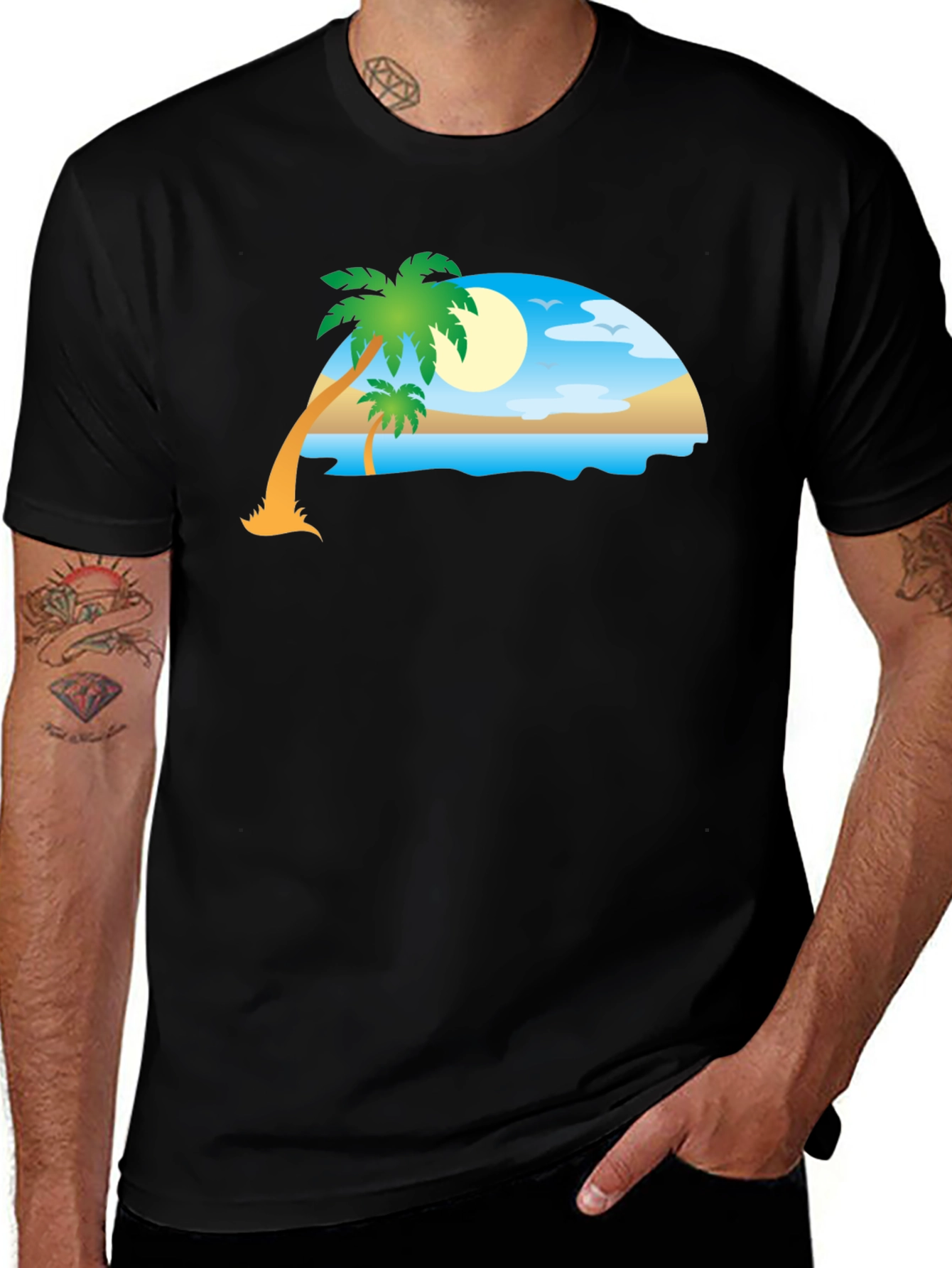 Tropical Beach Scene Black T-Shirt