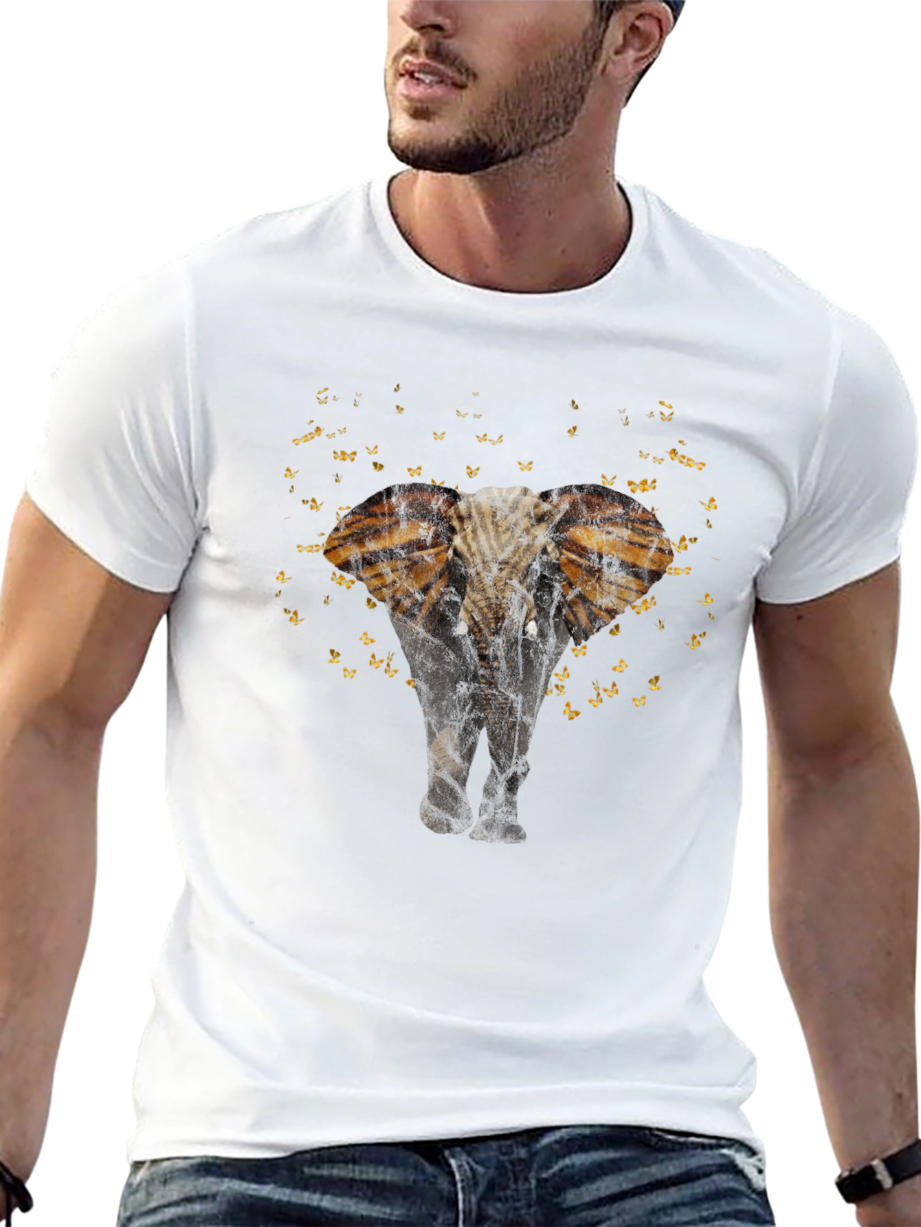 Elephant Butterfly Graphic Black T-Shirt