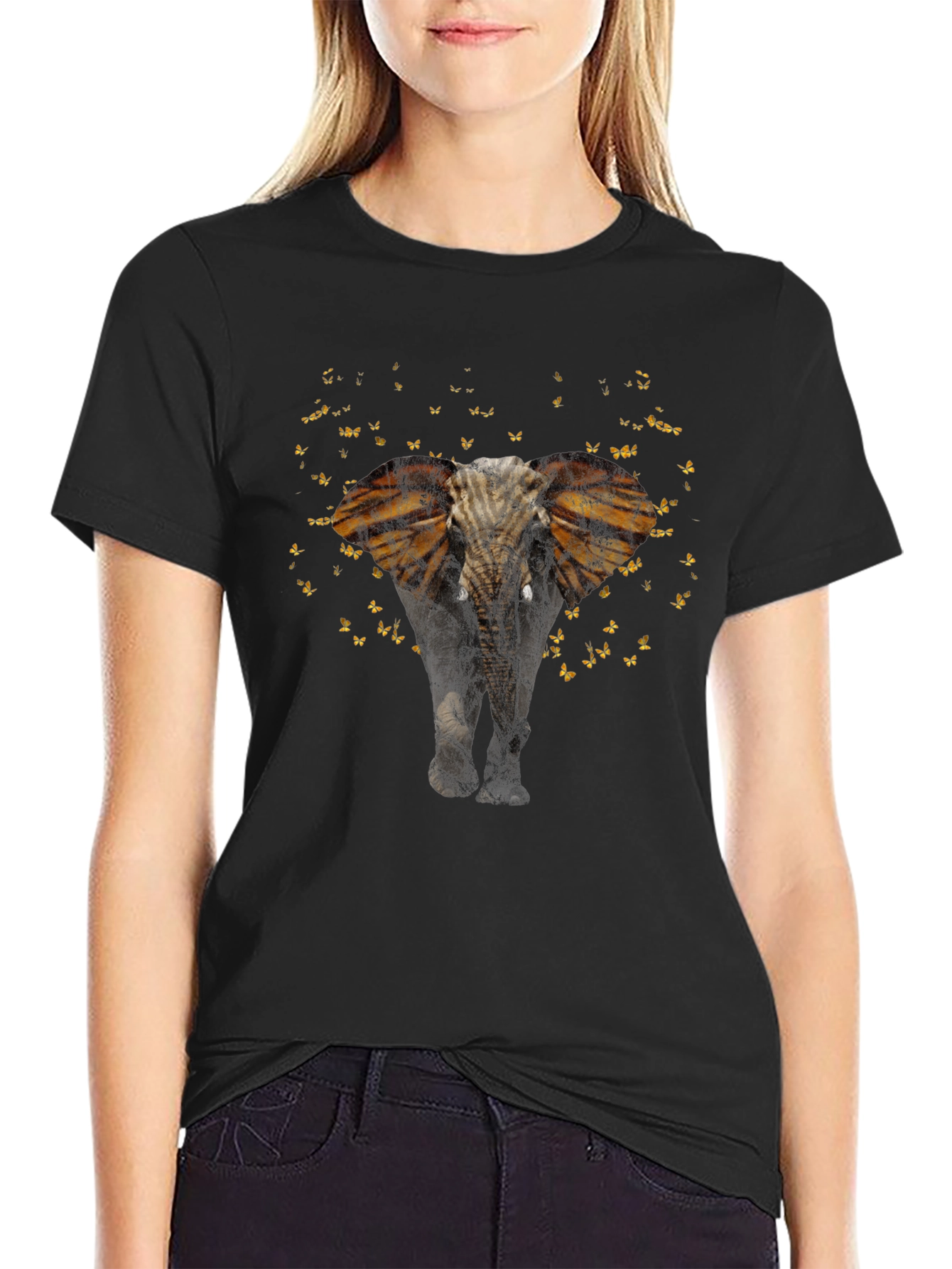 Elephant Butterfly Graphic Black T-Shirt