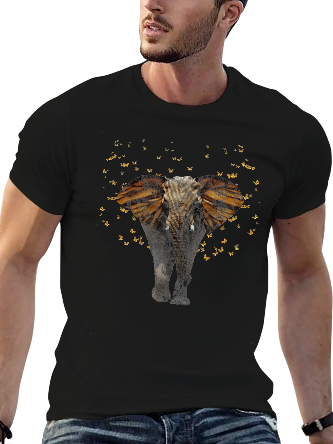 Elephant Butterfly Graphic Black T-Shirt