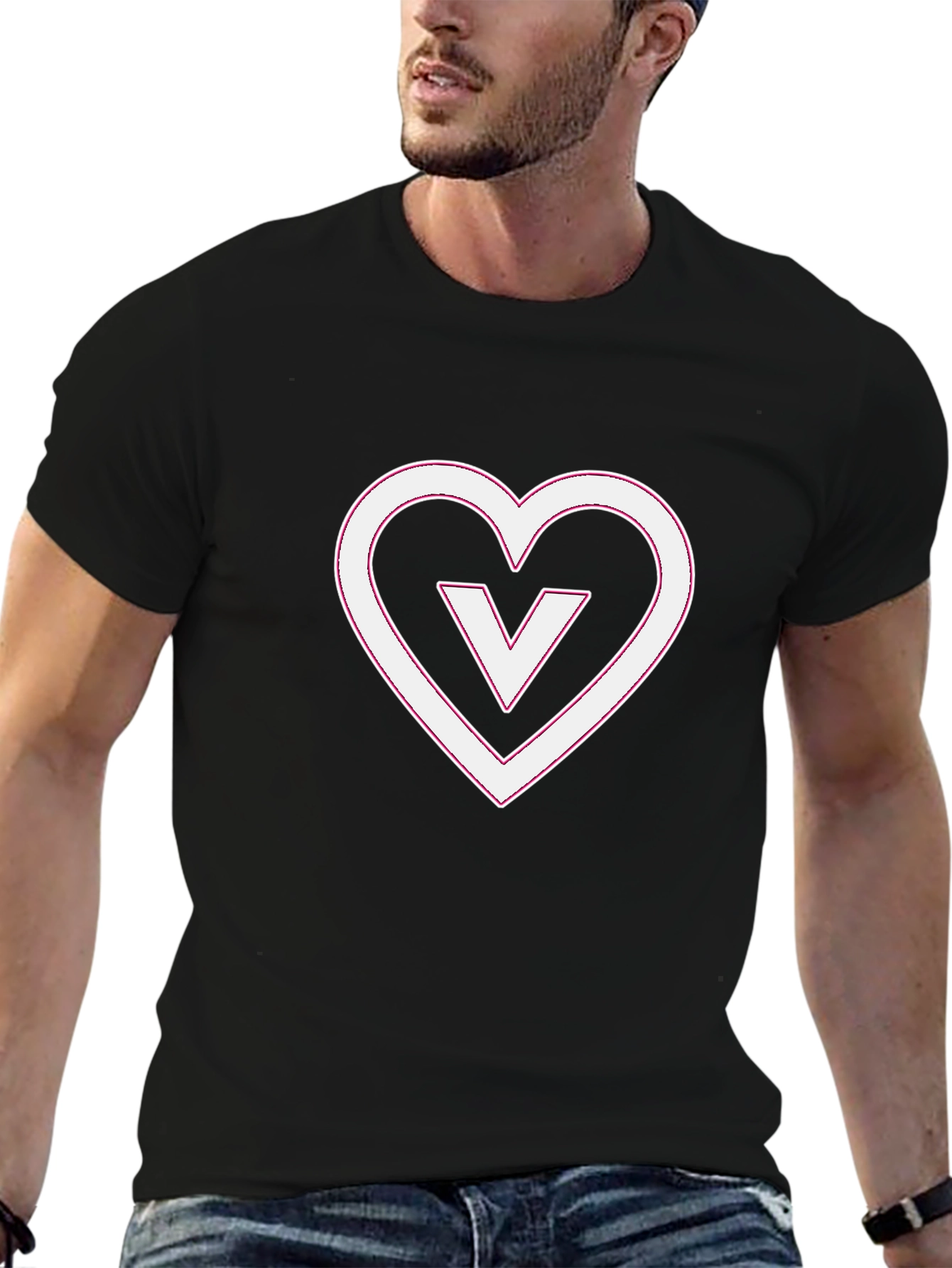 Black T-Shirt with White V Heart Graphic