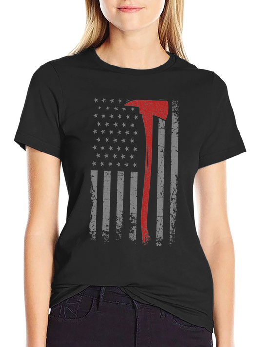 Firefighter Axe Flag Graphic Tee - Patriotic Fireman Shirt