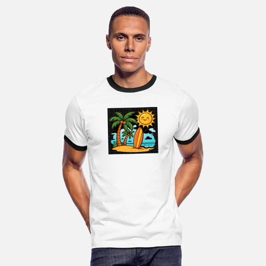 Sunny Beach Scene with Surfer Palms