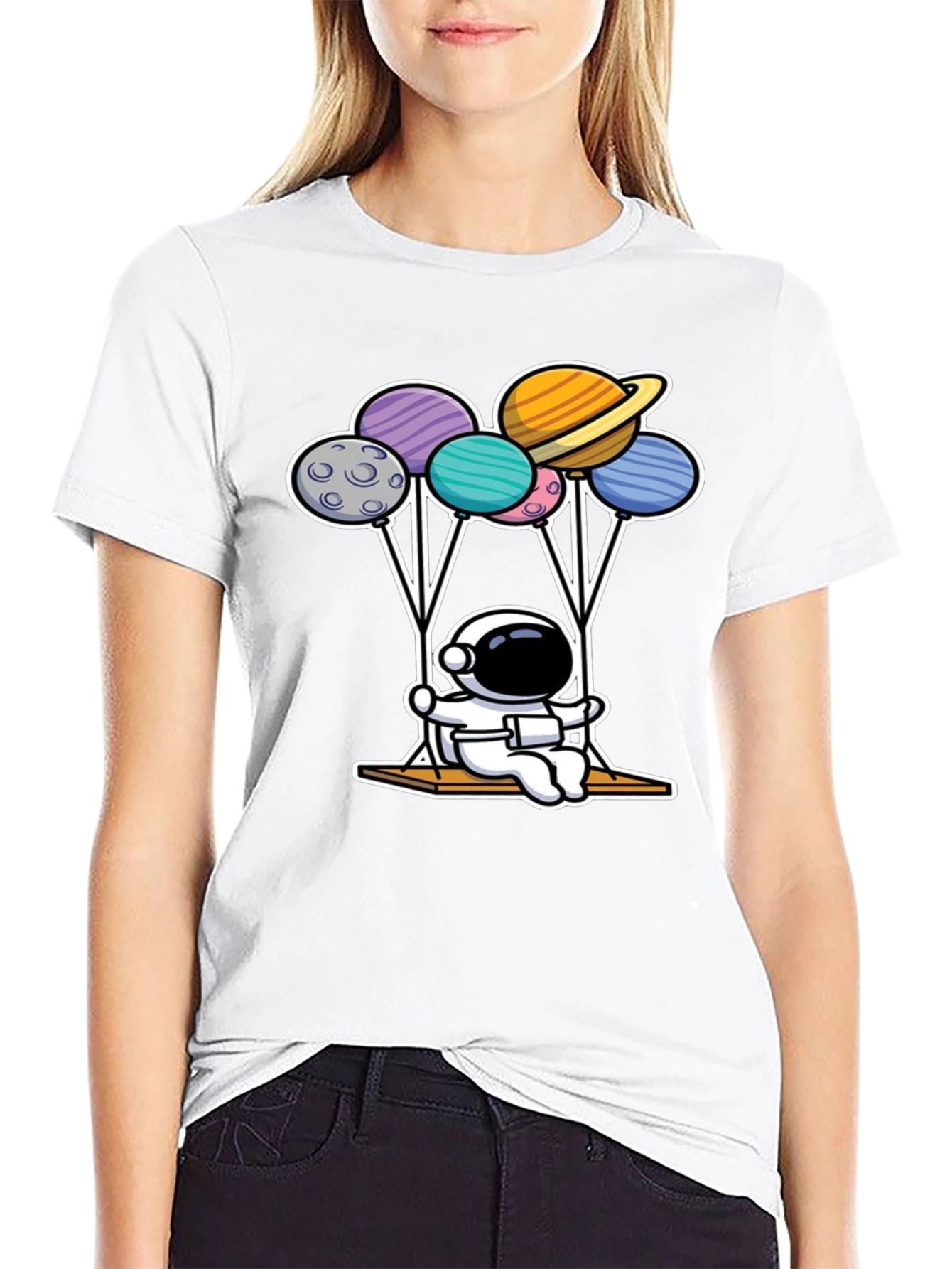 Astronaut Swing Planets Balloons Graphic T-Shirt