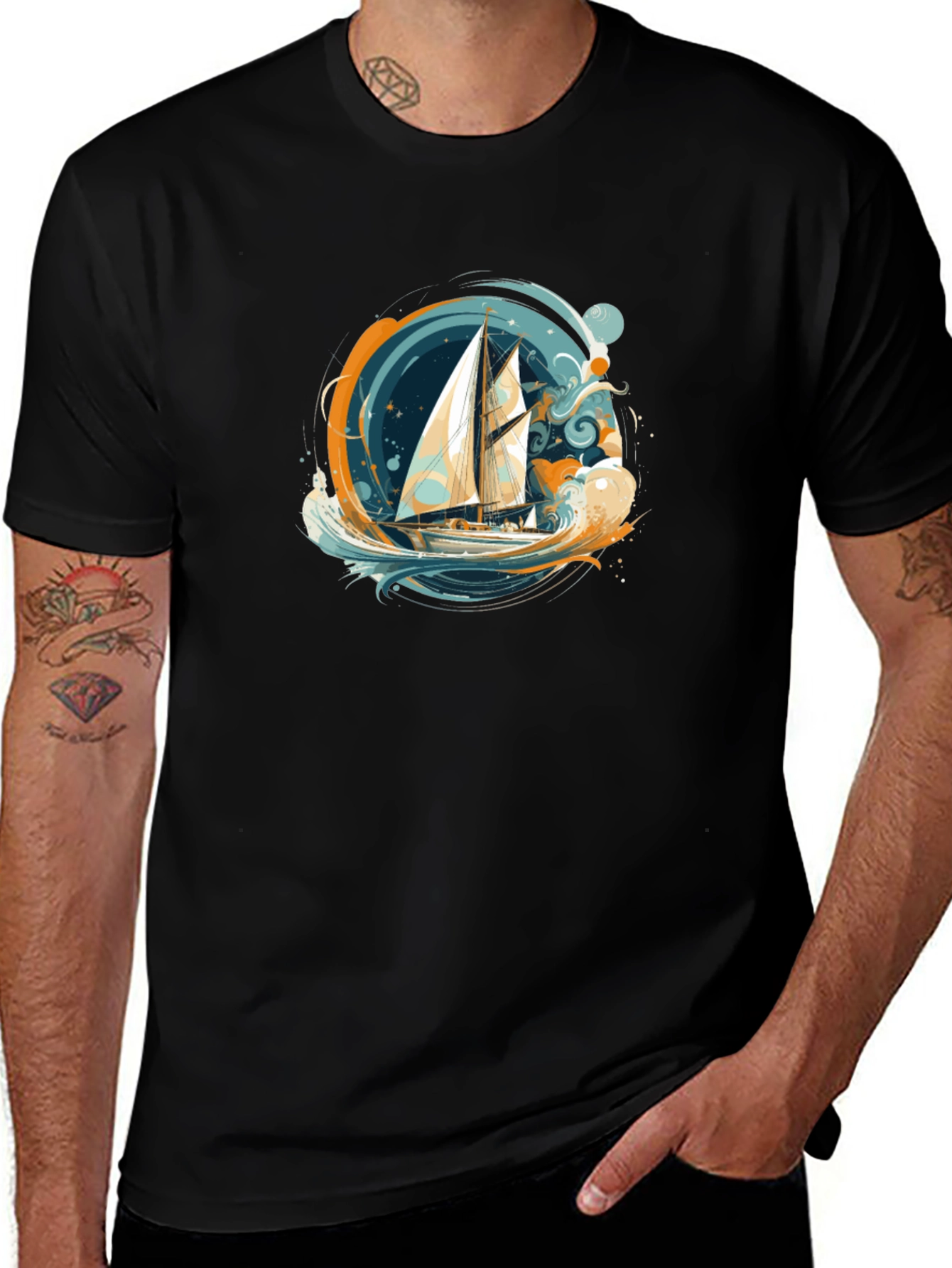 Nautical Sailboat Graphic Tee - Black
