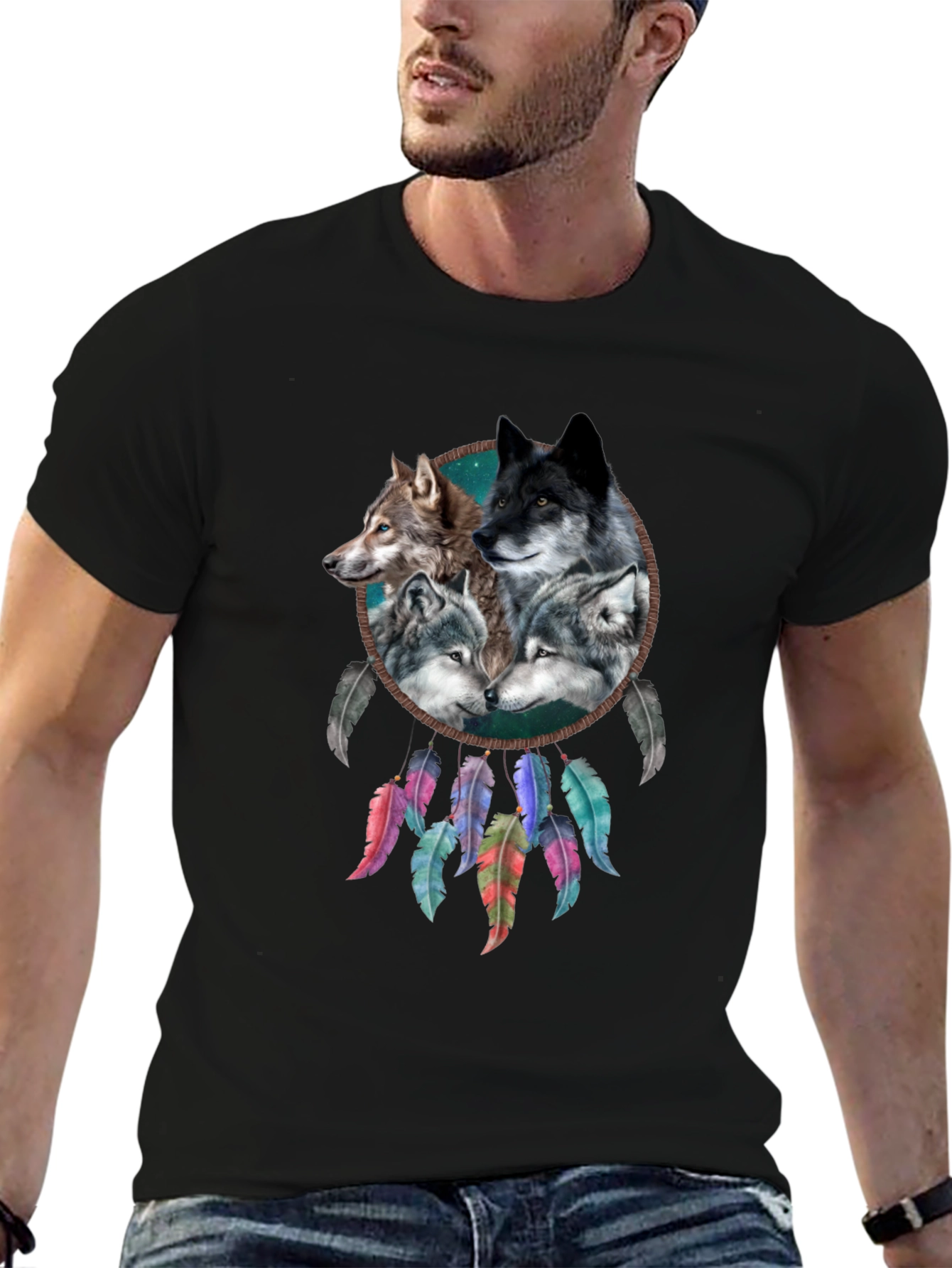 Wolf Dreamcatcher Graphic Tee - Mens Black T-Shirt