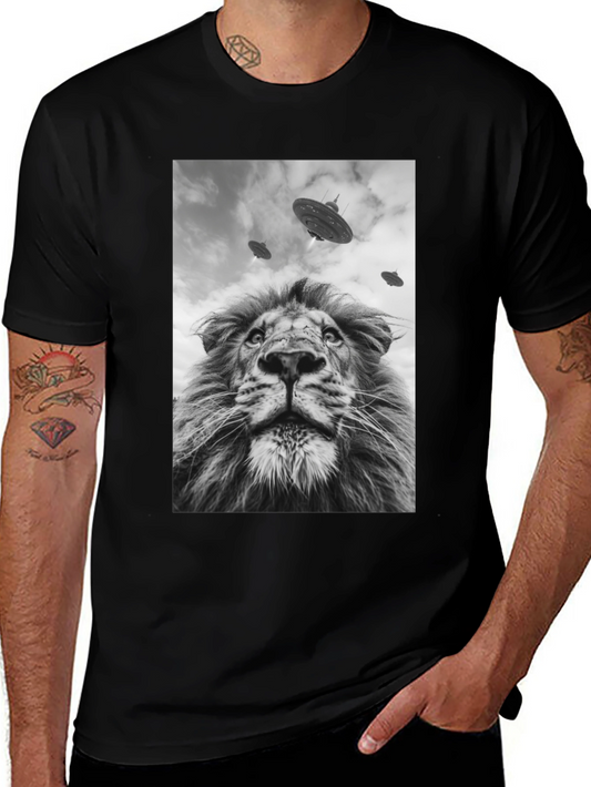 Lion & UFO Graphic Print Black T-Shirt