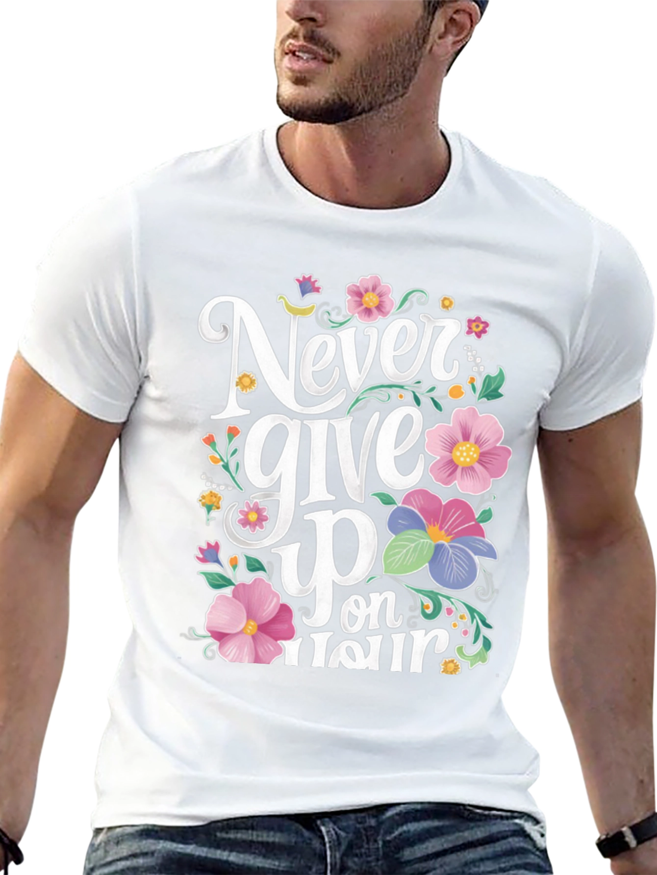 Never Give Up Floral Graphic Black T-Shirt