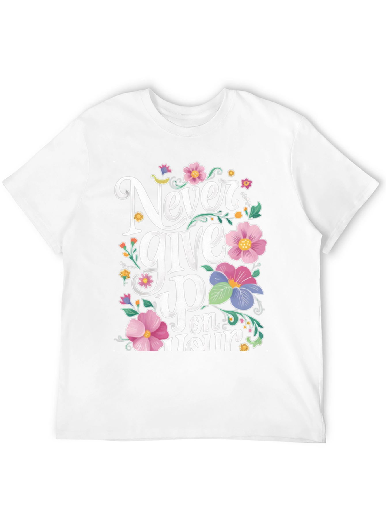 Never Give Up Floral Graphic Black T-Shirt