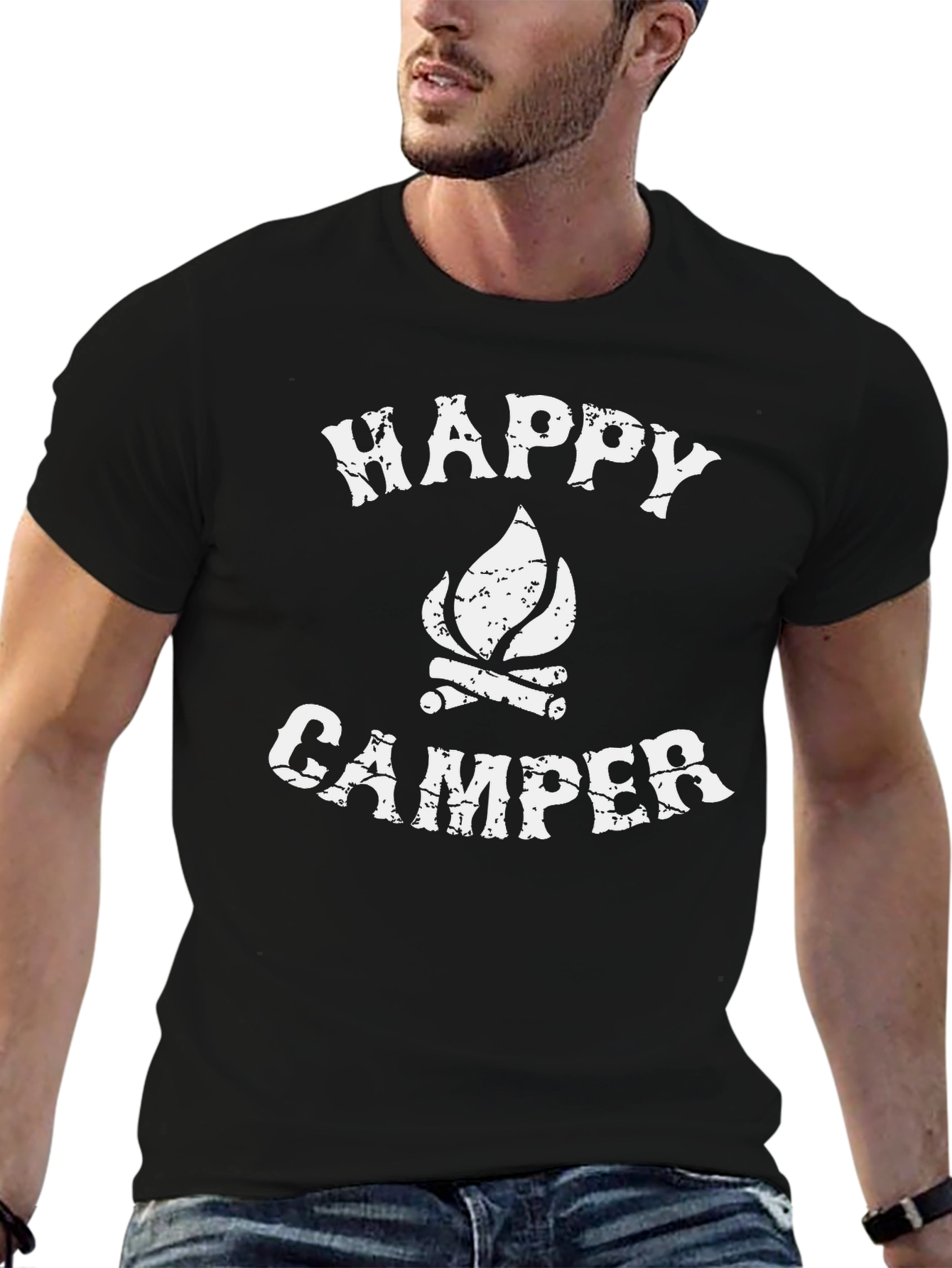 Happy Camper Graphic Tee - Black Cotton Camping Shirt