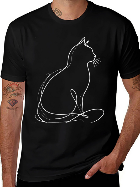 Minimalist Cat Outline Graphic Tee - Soft Black Cotton T-Shirt