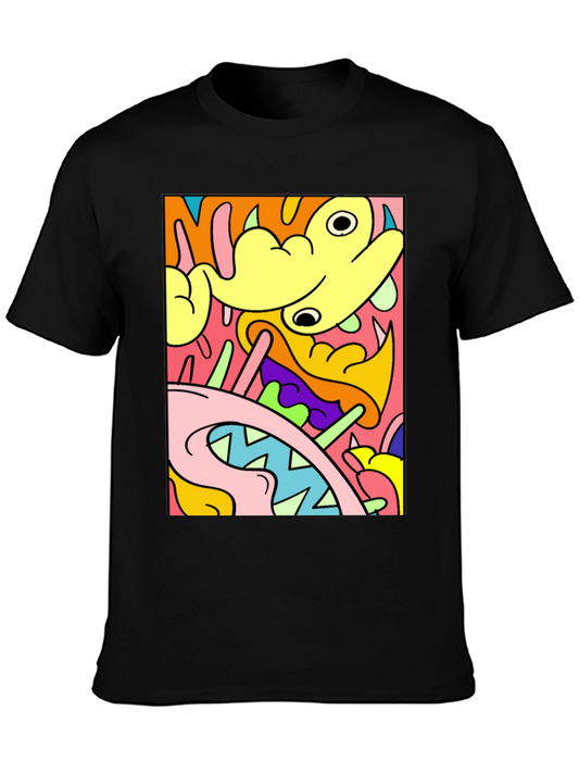 Abstract Cartoon Graphic T-Shirt - Bold Black Tee