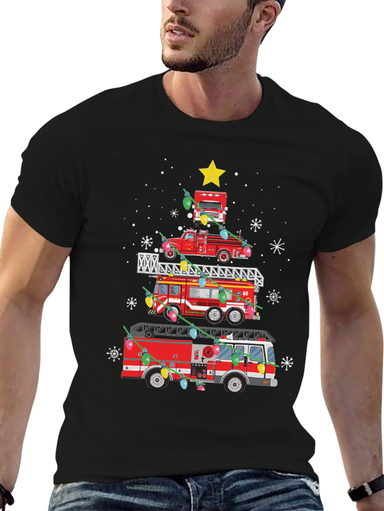 Firetruck Christmas Tree Tee - Holiday Firefighter Shirt