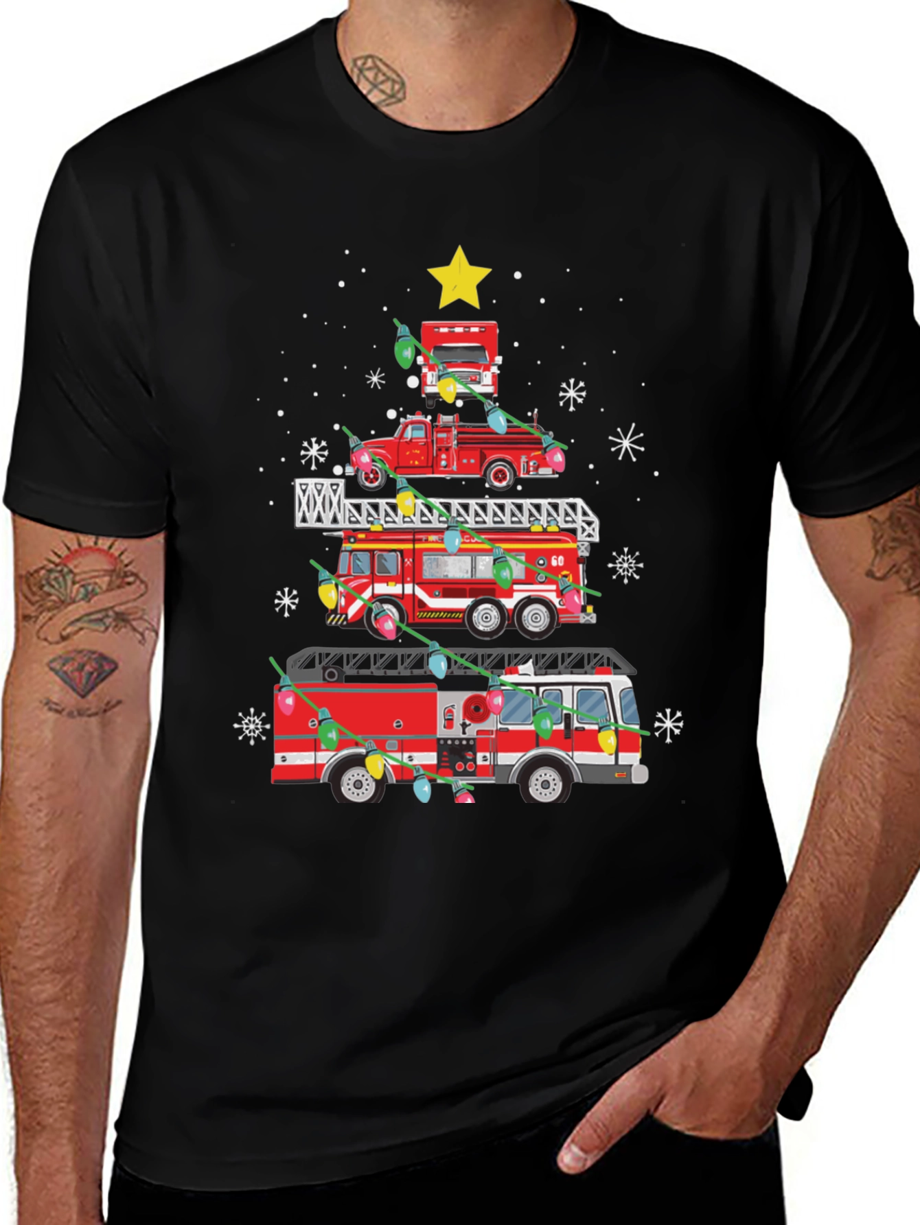 Firetruck Christmas Tree Tee - Holiday Firefighter Shirt