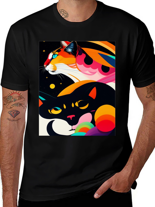 Abstract Cats Graphic Black T-Shirt