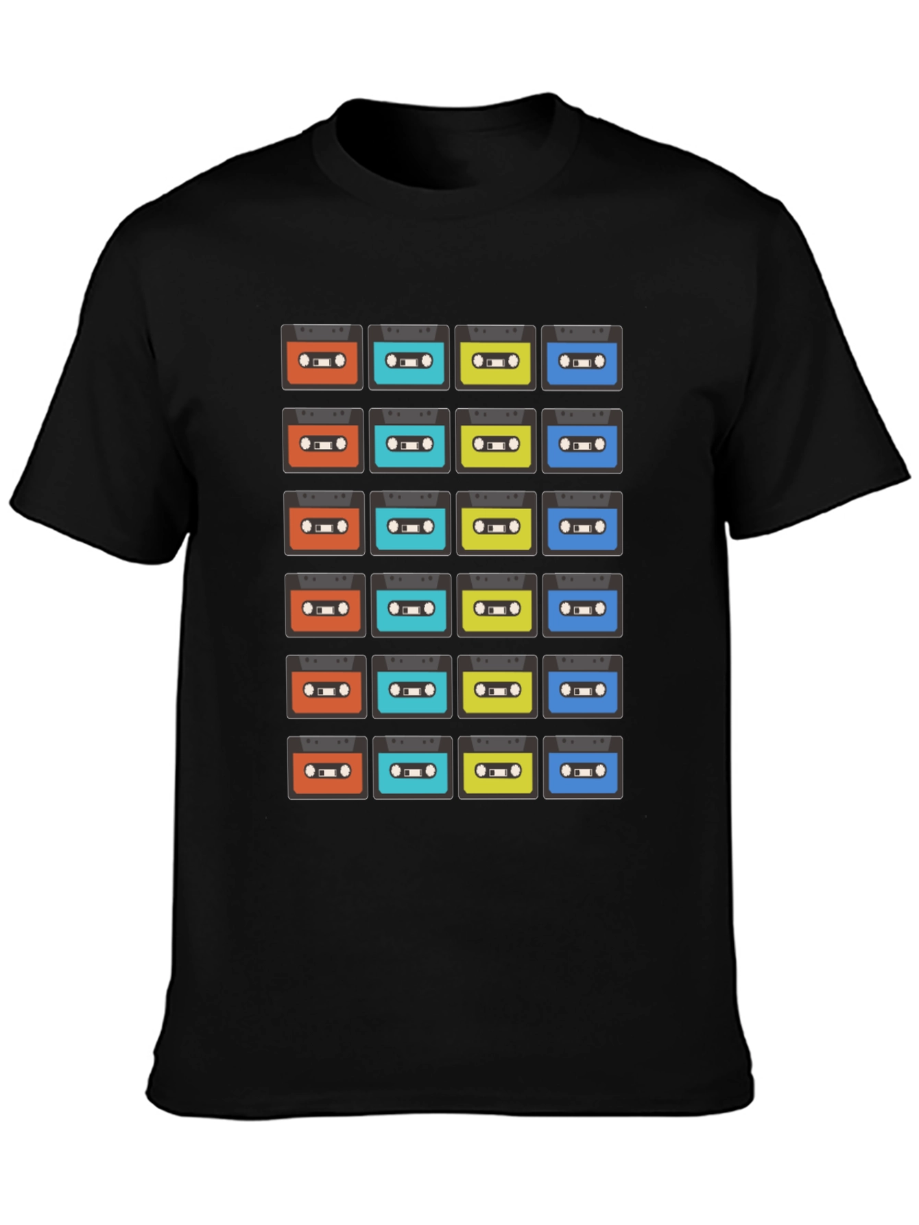 Retro Cassette Tape Pattern Black T-Shirt