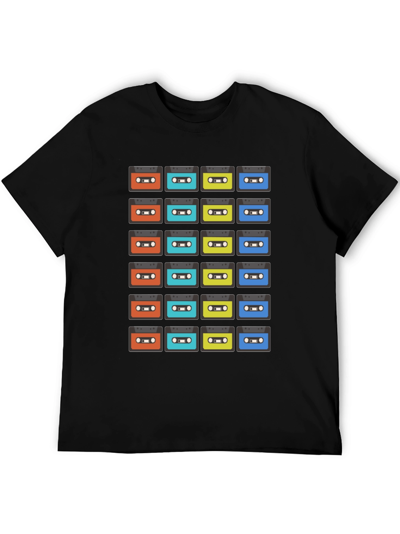 Retro Cassette Tape Pattern Black T-Shirt